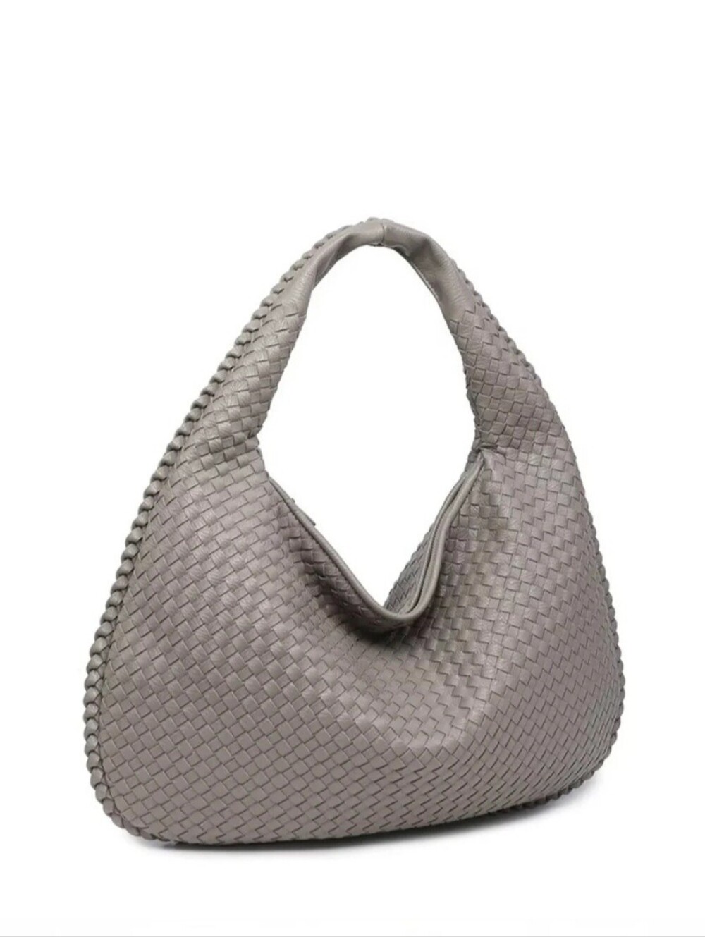 Woven Hobo Shoulder Bag in Gray Veggan Leather.